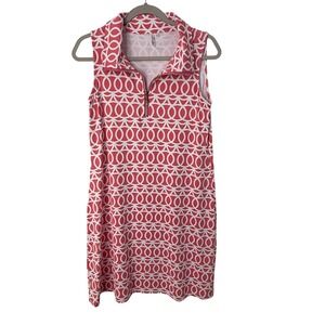 Lulu-B‎ Sleeveless Zip Polo Golf Dress Pink White Geometric Print Size S UPF 50+